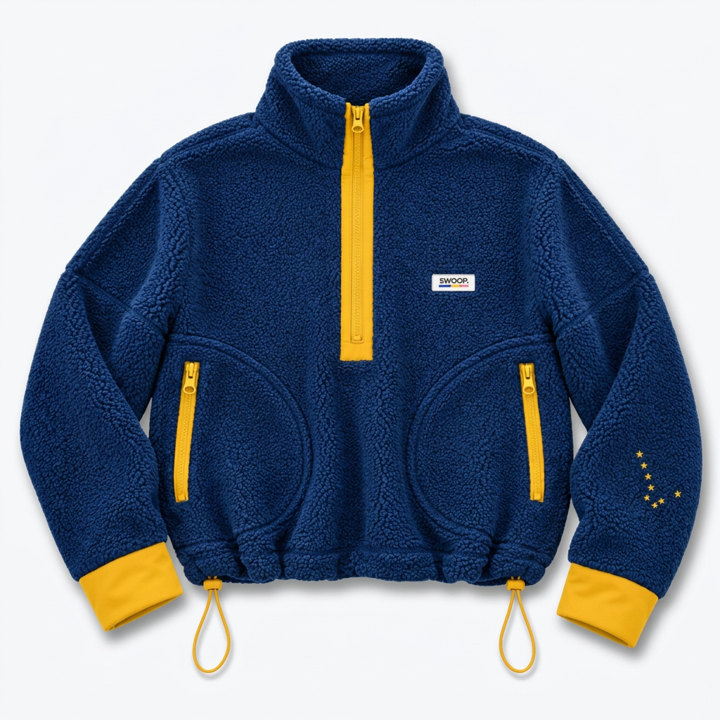 A navy blue fleece pullover jacket with bright yellow accents, including a half-zip front, zippered pockets, and ribbed cuffs and hem, shown flat on a white background.