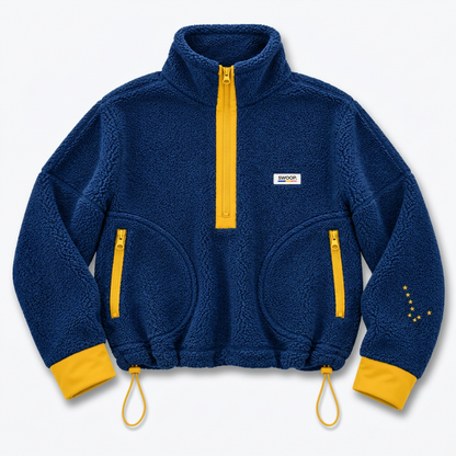 A navy blue fleece pullover jacket with bright yellow accents, including a half-zip front, zippered pockets, and ribbed cuffs and hem, shown flat on a white background.