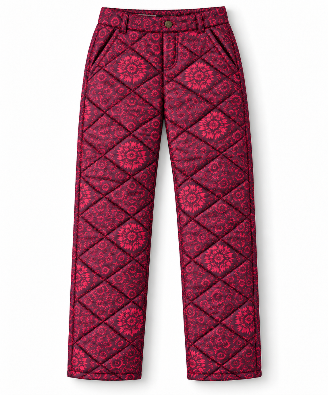 SWOOP Wild Bloom women's quilted insulated pant in a pink floral print