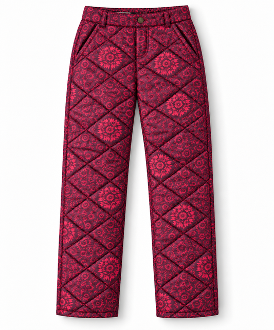 SWOOP Wild Bloom women's quilted insulated pant in a pink floral print