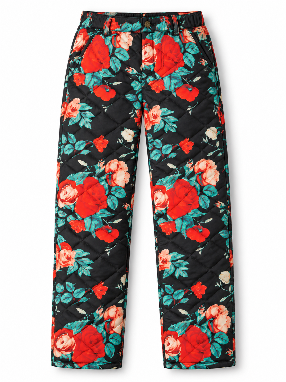 SWOOP Midnight Rose women's quilted insulated pant with red roses on a black background