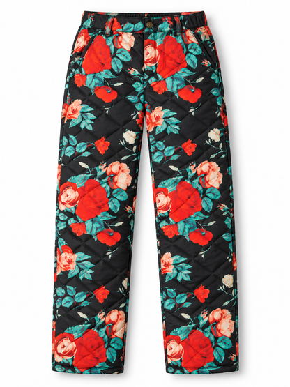 SWOOP Midnight Rose women's quilted insulated pant with red roses on a black background