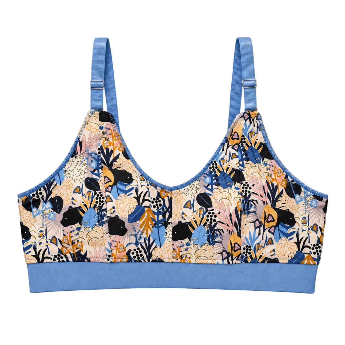 SWOOP wireless bra with light blue band and straps. Adjustable rings and sliders in the front. Print is repeating small panthers in a multi-colored floral scene.