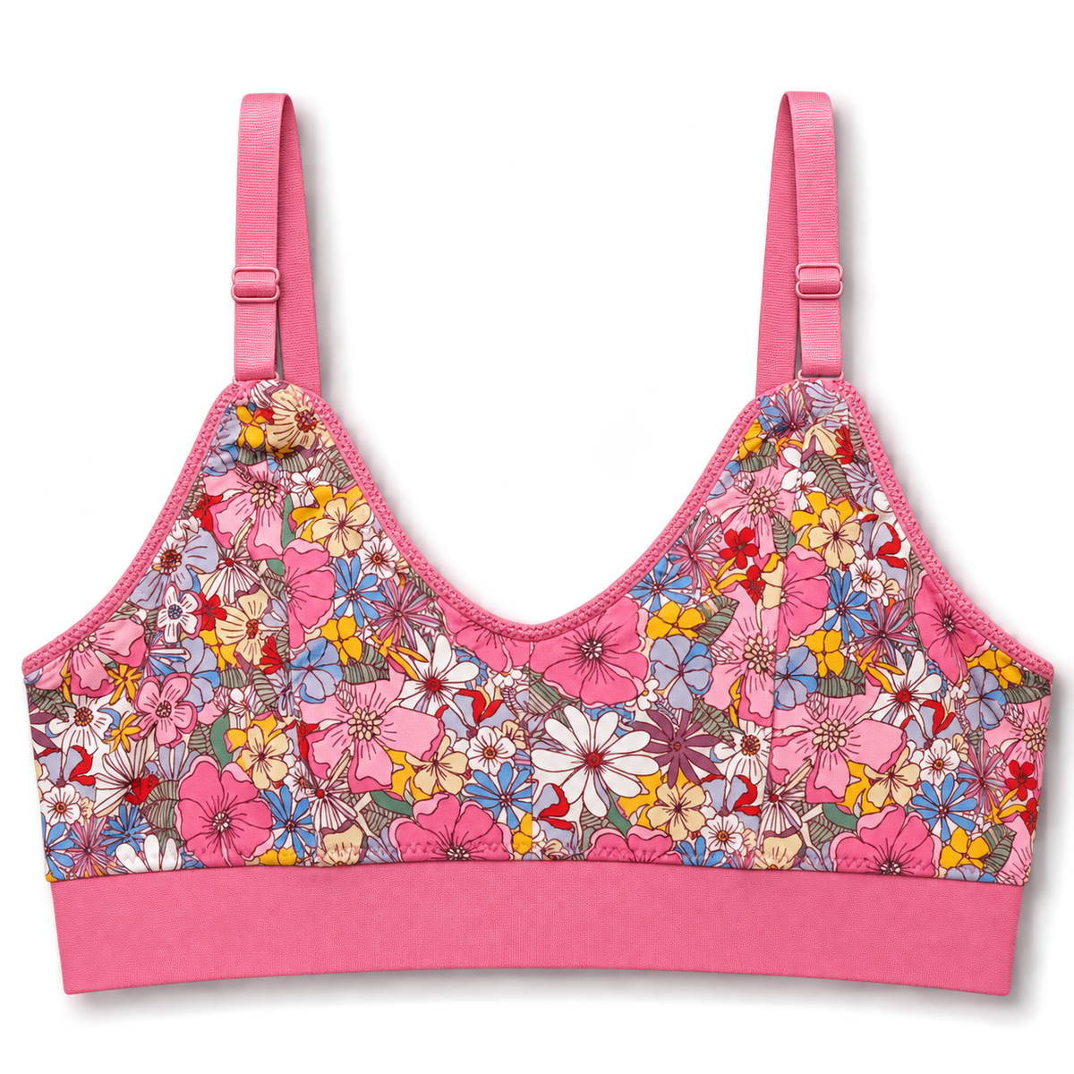 SWOOP [ink floral wireless bra with adjustable shoulder straps and a solid pink band, shown on a clean white background.