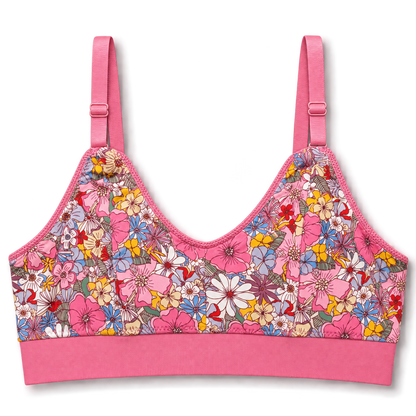 SWOOP [ink floral wireless bra with adjustable shoulder straps and a solid pink band, shown on a clean white background.