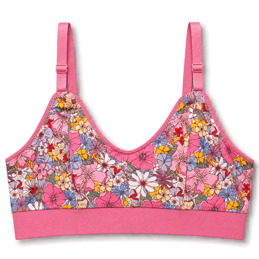 SWOOP [ink floral wireless bra with adjustable shoulder straps and a solid pink band, shown on a clean white background.