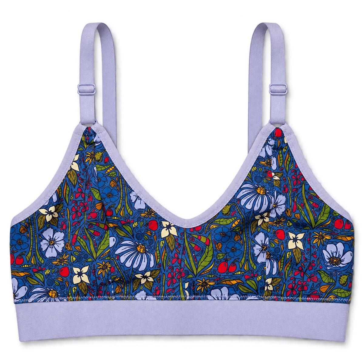 SWOOP wireless bra with a colorful floral and print on the cups and a solid light lavender trim and band, shown against a plain white background.