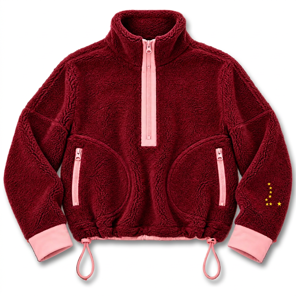 A plush fleece quarter-zip jacket in deep burgundy with light pink trim, cuffs, and hem, featuring zippered pockets and a small yellow embroidered star detail on the sleeve.